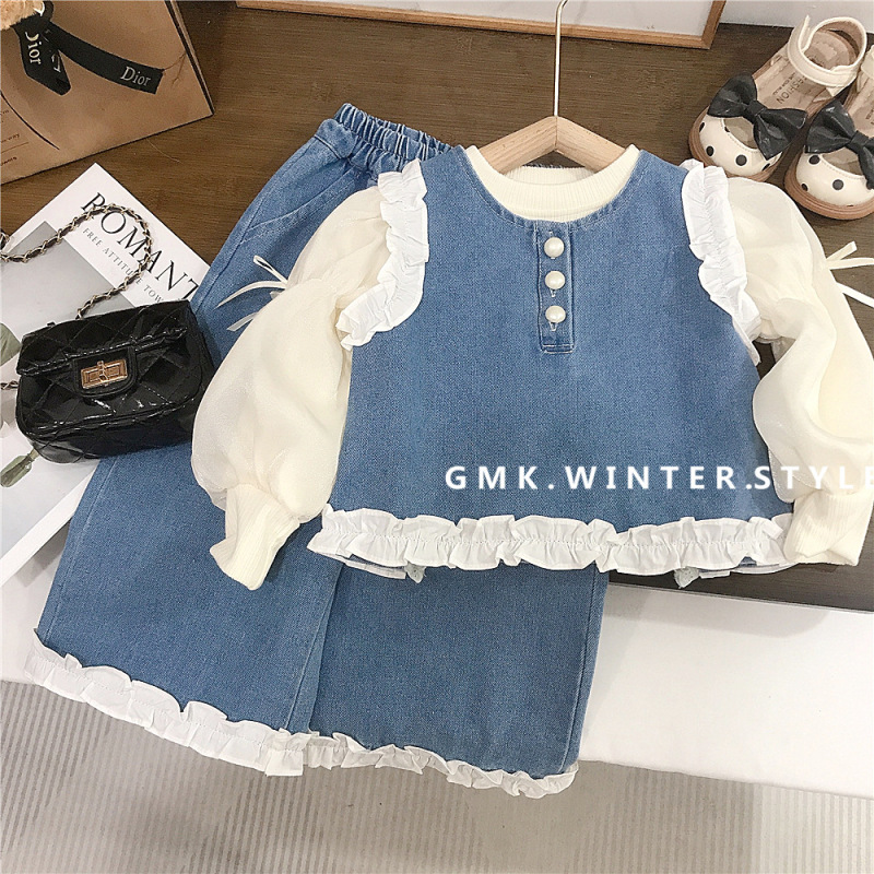 女童春秋季新款洋气花边牛仔套装女宝宝可爱潮流时尚三件套潮外贸|undefined