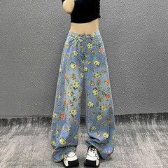 【韩牛】国潮复古花卉满印碎花阔腿牛仔裤女秋季设计感高腰宽松