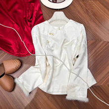 25秋冬款中式盘扣真丝冠乐绉提花上衣袖口拼接水貂设计衬衫有里衬