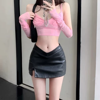 不规则开叉银色半身裙女2024秋冬季高腰显瘦辣妹包臀皮裙a字裤子