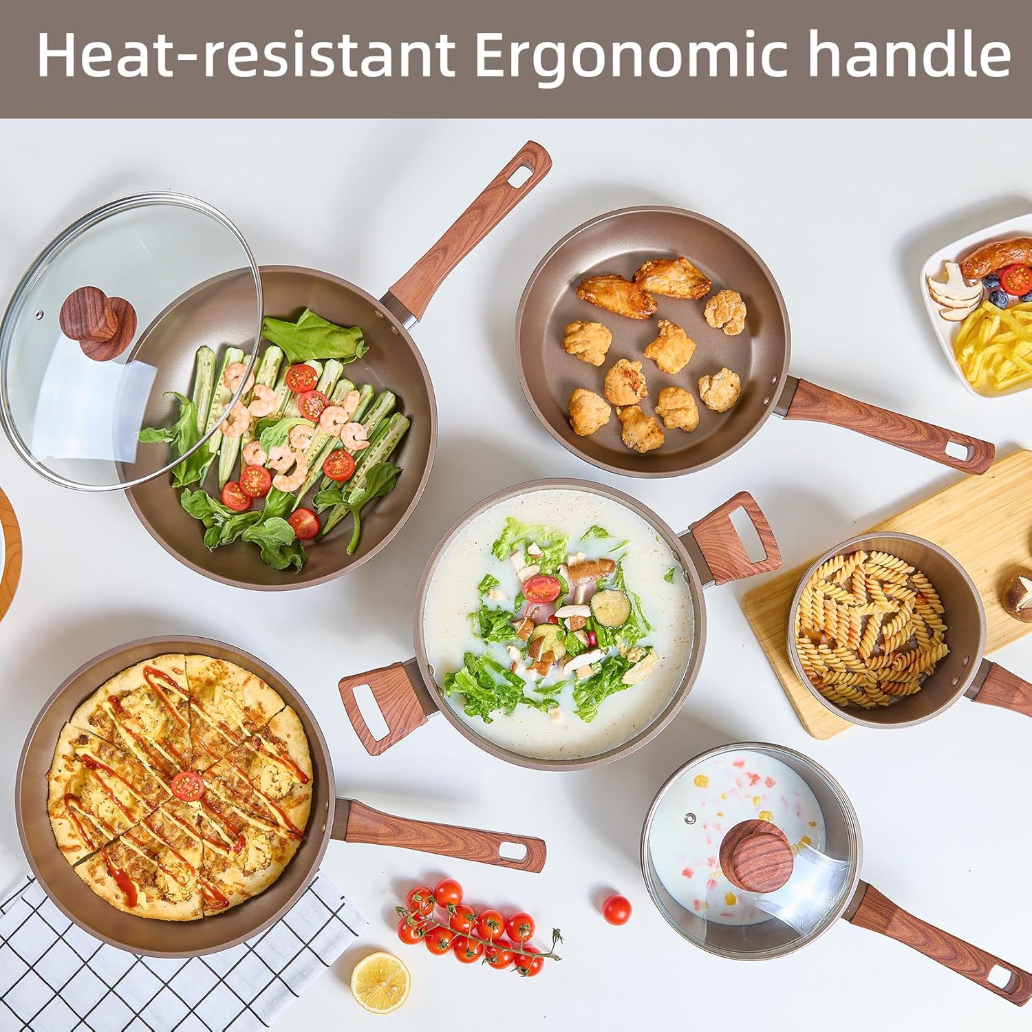 Venta caliente transfronteriza Imitación de aluminio Fundición a presión Juego de sartén antiadherente Juego clásico de 11 piezas Sartén Wok Juego de olla de sopa Cocina de inducción universal