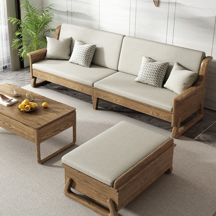 All-Solid Wood Sofa Made of White Wax Wood, Suitable for Both Winter and Summer Use, for Large and Small Apartments, Modern and Simple Natural Wood Sofa