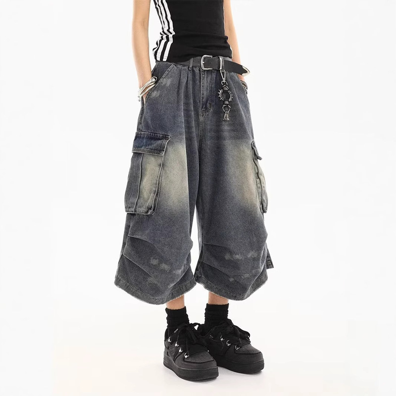 Regular Brandless Summer Cropped Pants with Multi-Pocket Design, Cargo Denim Cropped Shorts for Women, Straight Pants, High Waist