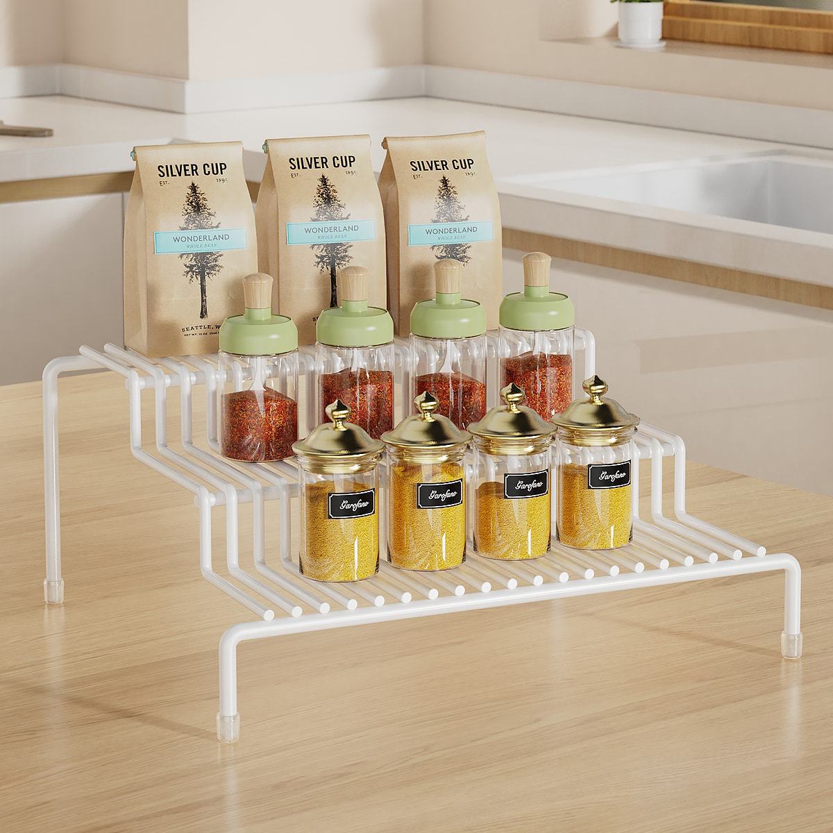 Estante de almacenamiento de botellas de condimento en cascada blanco de tres capas Estante de almacenamiento de baño sin perforación Estante de cocina de dormitorio multifuncional