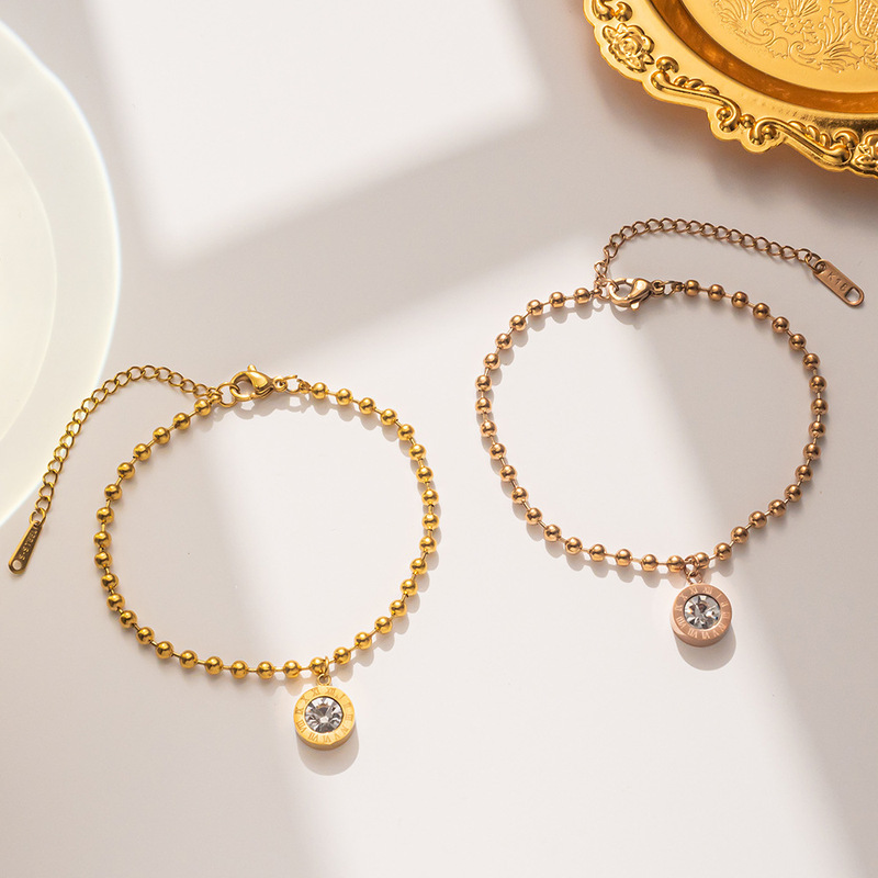 Japanese and Korean style women's titanium steel bracelet women's Roman digital diamond pendant bead bracelet popular online popular small accessories