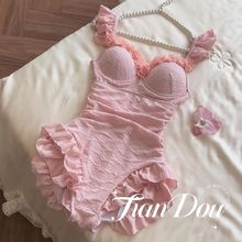 新款纯欲风连体游泳衣保守荷叶边遮肉显瘦钢托聚拢显白甜美泡温泉