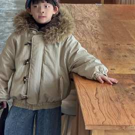 儿童棉服冬季新款男童连帽大毛领加厚派克服小男孩保暖棉衣外套