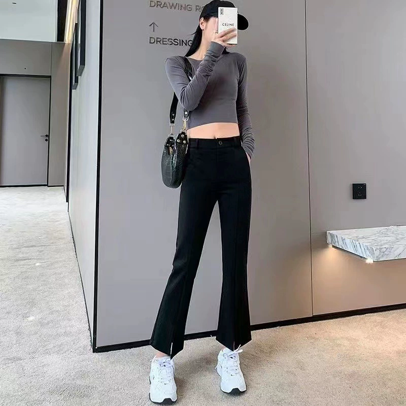 Широкие брюки с завышенной талией, облегающие petite осенний костюм pants с фронтальными разрезами, 2–3% эластичность