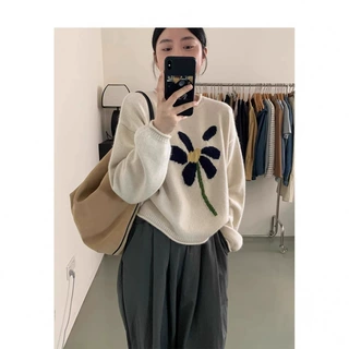 100%纯羊毛衫女秋冬新款百搭时尚花朵刺绣套头针织打底衫加厚毛衣