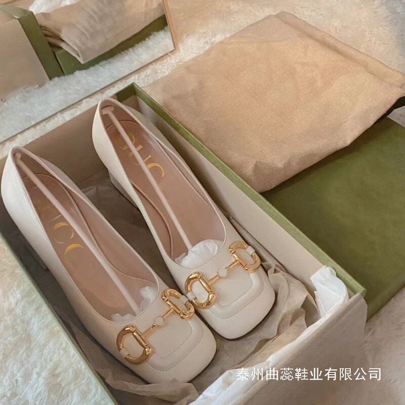 High-End Version Genuine Leather g Brand Horsebit High-Heeled Slip-On Square-Toe Mid-Heel Chunky Heel Elegant Single Shoe Sandals for Women