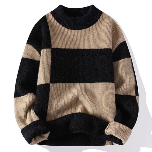 Contrast-color sweater men's round collar winter casual thick men's sweater Hong Kong style new sweater winter warm top