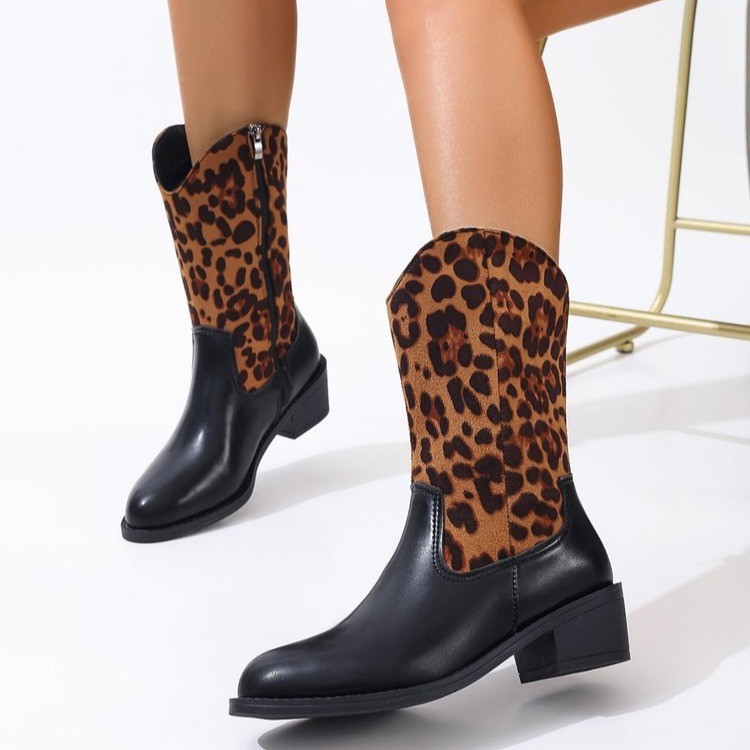Damenschuhe große Cowboystiefel mit hohem Absatz neue Herbst- und Winterstiefel aus Leder im Ethno-Stil mit mittlerem Absatz und spitzer Spitze_voghion.com