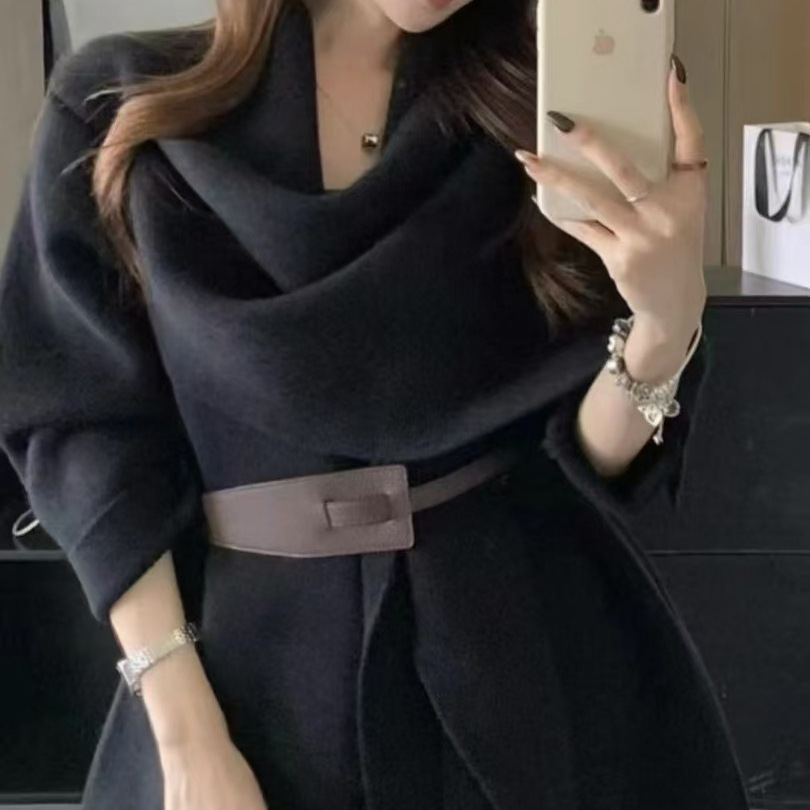 Korean Style Atmospheric Scarf Collar Knitted Cardigan Jacket for Women Autumn and Winter New Style Lazy Style Fashionable Waist Slimming Sweater
