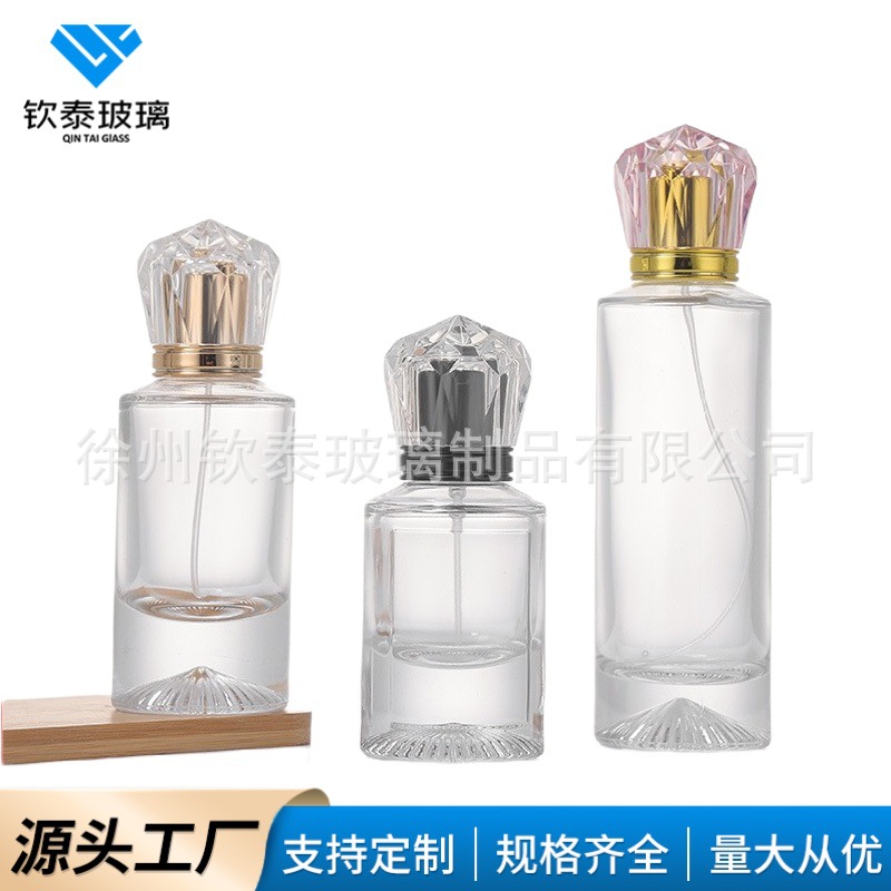 Botella cilíndrica transparente de perfumes de bayoneta con tapa especial de pulverización de presión de botella de vidrio portátil de perfumes de muestra pequeña botella