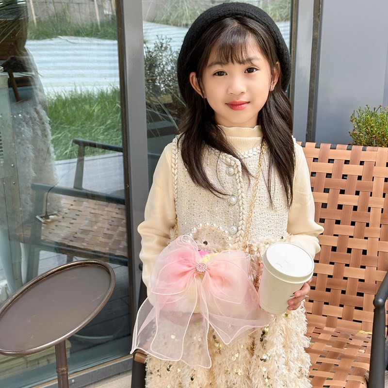 Bolsos de hombro de chicas de arco encantador, dulces bolsos de perlas de princesa, nuevos bolsos de mini cadena para niños