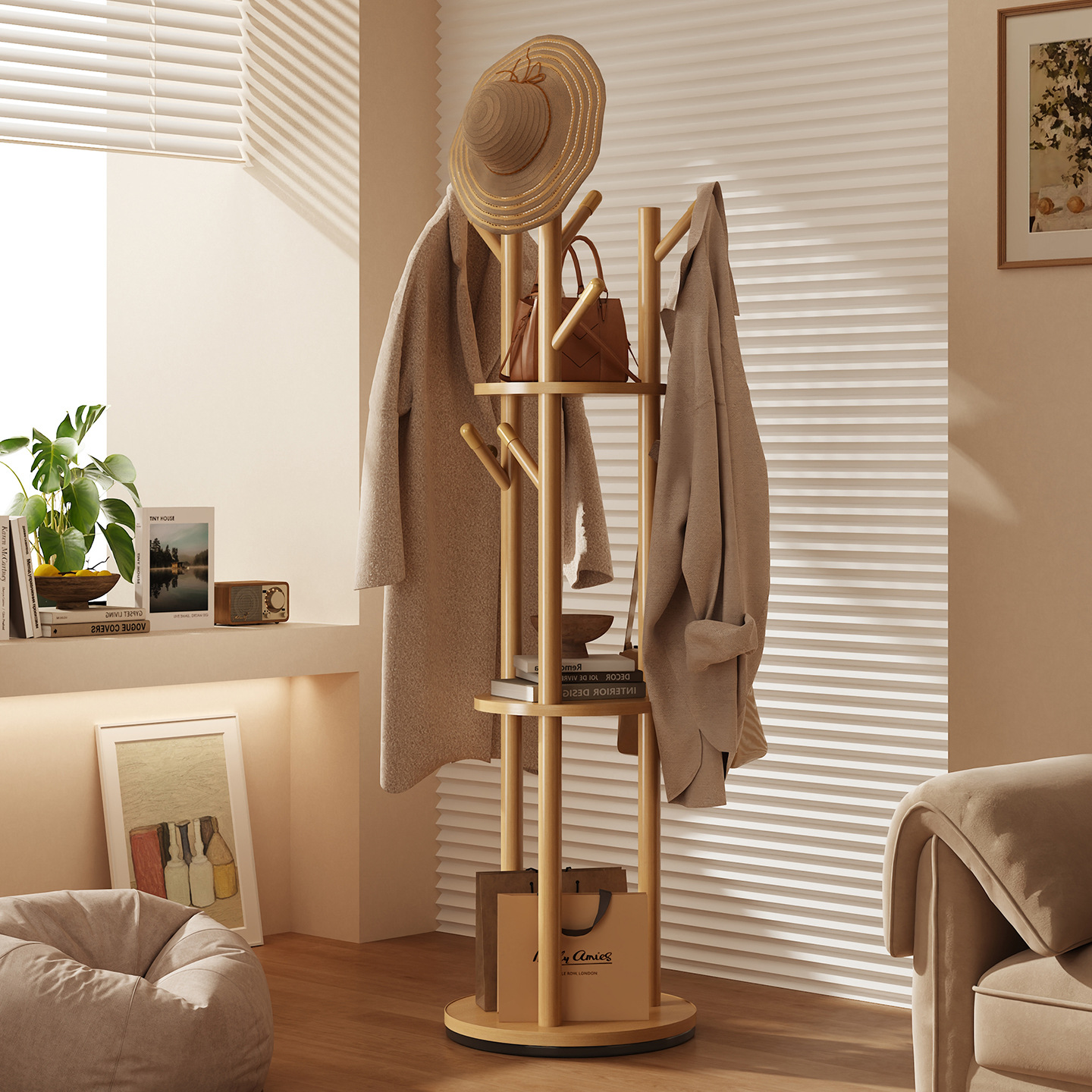 Perchero de madera maciza piso dormitorio percha ropa rack sala de estar puerta casa interior giratoria percha image 2