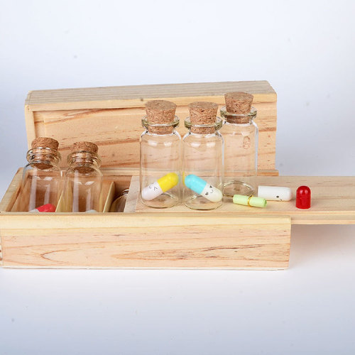 Wooden box storage for glass bottles, wish bottles with lids, wooden stopper, small glass bottle set, gift box, transparent glass bottle, creative