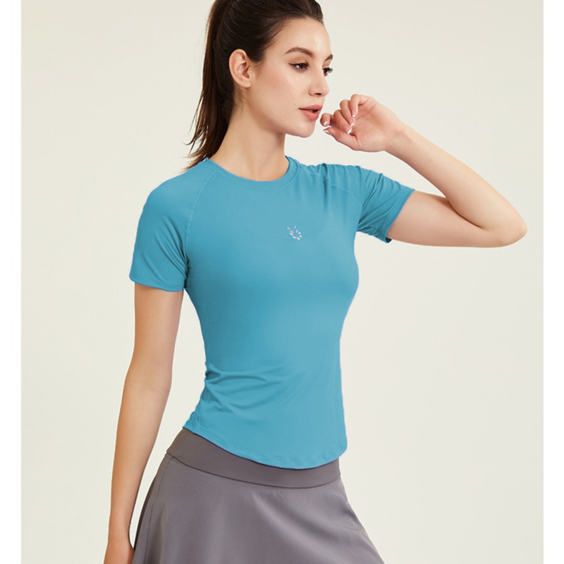 Ropa de ejercicios desnuda para mujeres delgada helada de cuello redondo con mangas de hombro para correr camiseta deportiva delgada ropa de yoga roja en línea