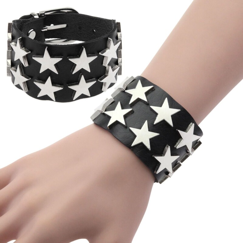 Cross-Border Popular Men's Pu Leather Bracelet Adjustable Five-Pointed Star Bracelet Rock Punk Rivet Bracelet Accessories