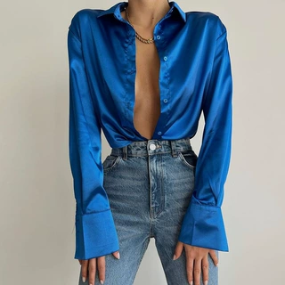 蓝色长袖绸缎衬衫女春季单排扣开衫上衣女 Blue shirt women
