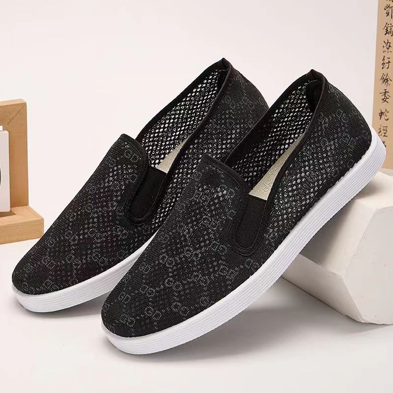 Men's Breathable Non-Slip Wear-Resistant Spring and Summer Old Beijing Black Cloth Shoes Mesh Shoes Cut Out Soft Sole Comfortable Casual Lightweight Versatile