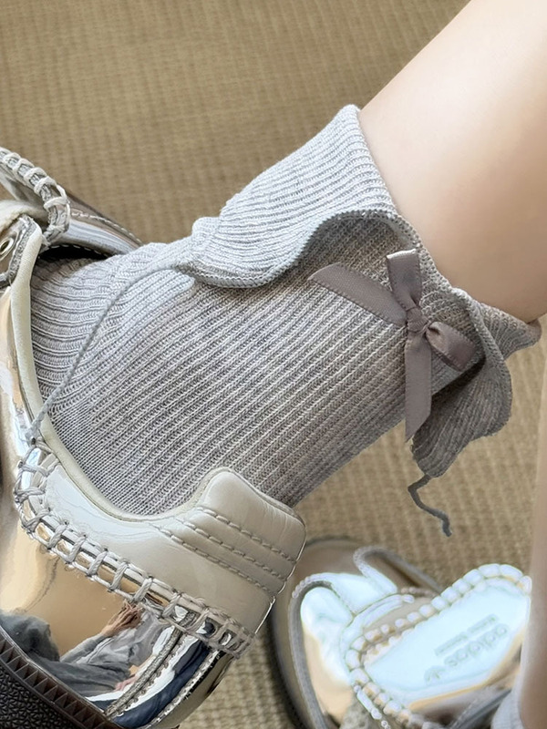 春夏款棉质长袜翻边蝴蝶结袜韩版日系少女灰色配小皮鞋子中筒袜女|undefined