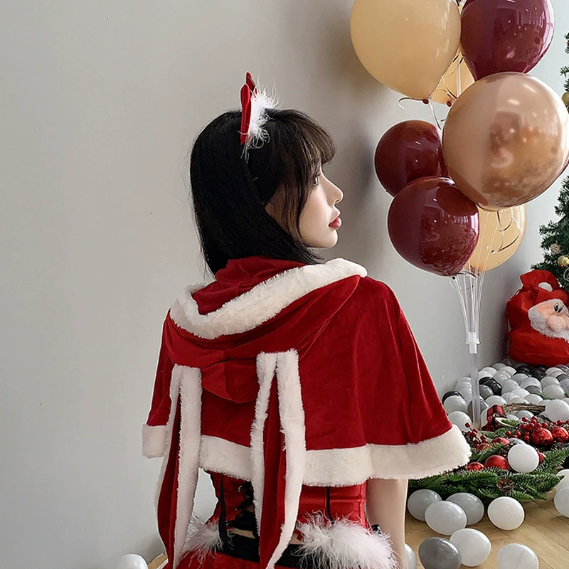 Hooded Velvet Cape, Rabbit-Ear Cosplay Accessory, Red/Pink, One Size