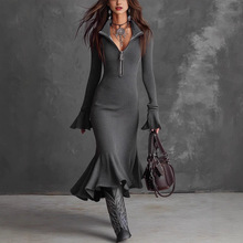 欧美跨境外贸女装2025秋季新款优雅气质拉链翻领喇叭袖针织鱼尾裙