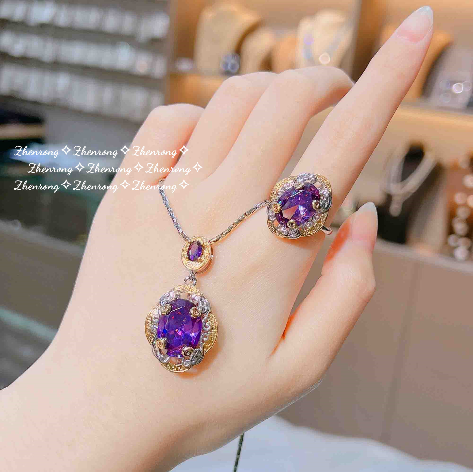 Traje de diamante púrpura artesanal en tono dorado retro italiano colgante de amatista oro de doble color anillo abierto pendientes coloridos del tesoro