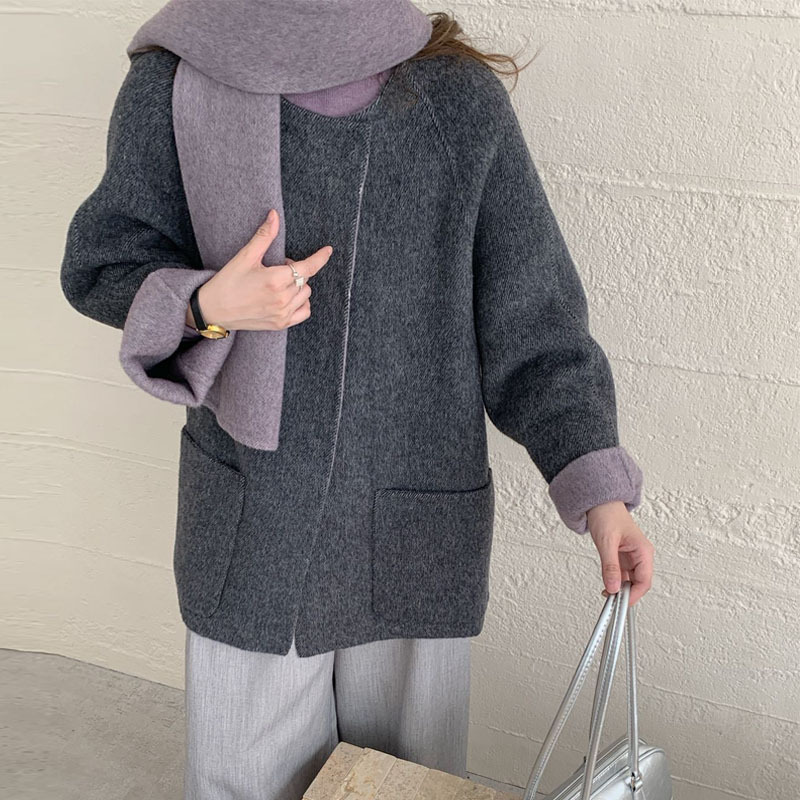 Double-Sided Wool Outwear for Women, Spliced ​​Color Loose Scarf Collar, Mid-Length Pure Color Korean Style Cashmere Thick Woolen Outwear