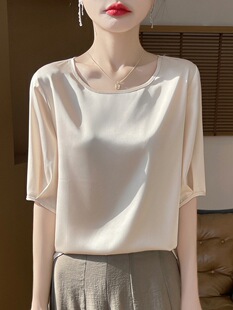(Cross-border trading), solid color elegant T-shirt with a round collar, oversize