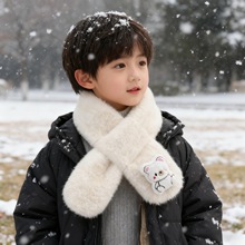 儿童韩版围脖冬季女ins可爱小白熊百搭仿獭兔毛交叉毛绒围巾保暖