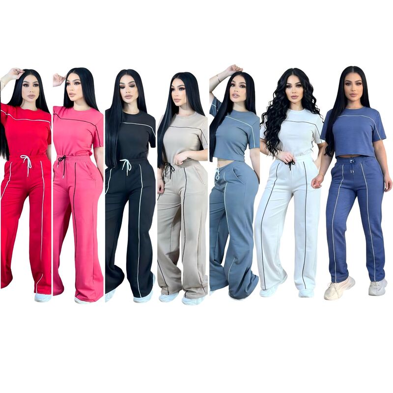 Fashionable Embroidered Letter Casual Sports Simple Short-Sleeve Wide-Leg Pants Set 7 Colors in Stock Q6347