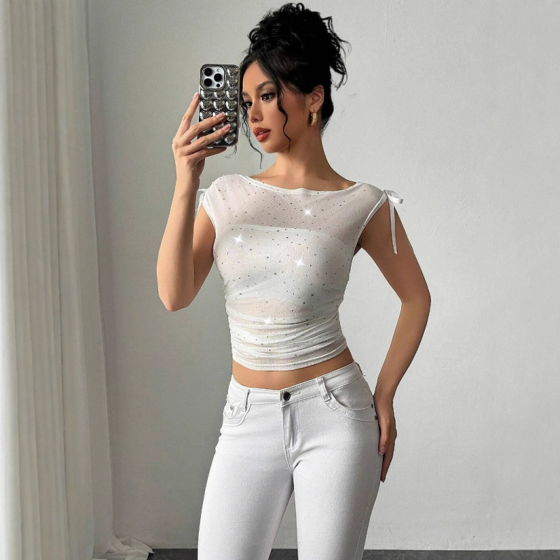 European and American Cross-Border Amazon 2026 Summer New Women's Sequined Mesh Off-Shoulder Bow Ruched T-Shirt Top European and American Cross-Border Amazon 2026 Summer New Women's Sequined Mesh Off-Shoulder Bow Ruched T-Shirt Top