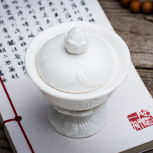 Household Buddhist Altar Offerings: Buddha, Bodhisattva, and God of Wealth White Porcelain Relief Lotus Incense Burner, Offering Tray, Water Cup, White Porcelain Goblet