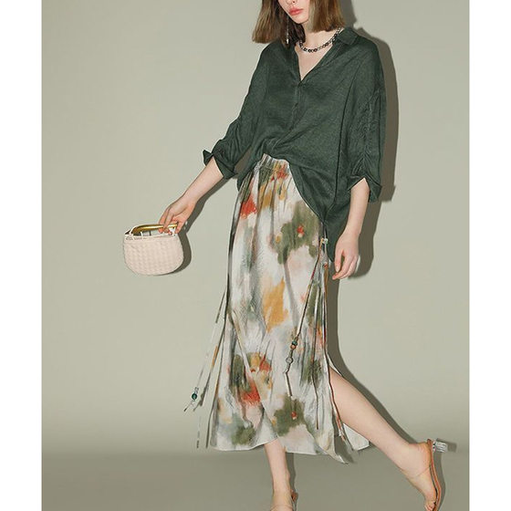 National Style Dye Printed Skirt New Chinese Beaded Streaming Dress HS7019