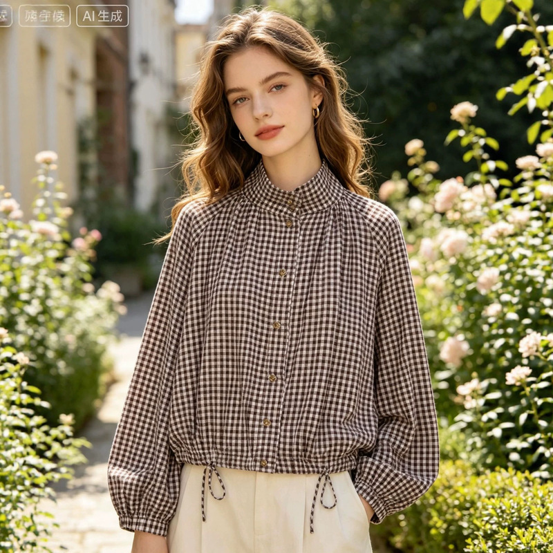 ZA cross-border foreign trade women's clothing hot item 2026 summer new European and American style fashion stand-up collar two-tone plaid jacket for women ZA cross-border foreign trade women's clothing hot item 2026 summer new European and American style fashion stand-up collar two-tone plaid jacket for women