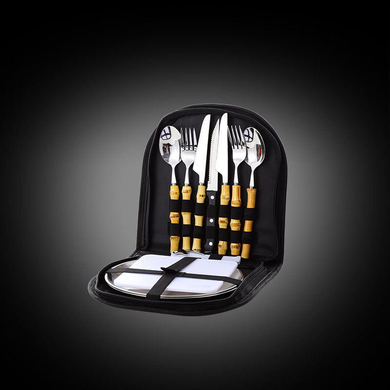 Cross-Border Outdoor Travel Stainless Steel Tableware Set Camping Picnic Barbecue Plate Chopping Board Steak Knife Fork and Spoon Set