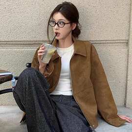原版做法 新款复古麂皮绒外套女秋冬季宽松翻领休闲机车夹克上衣