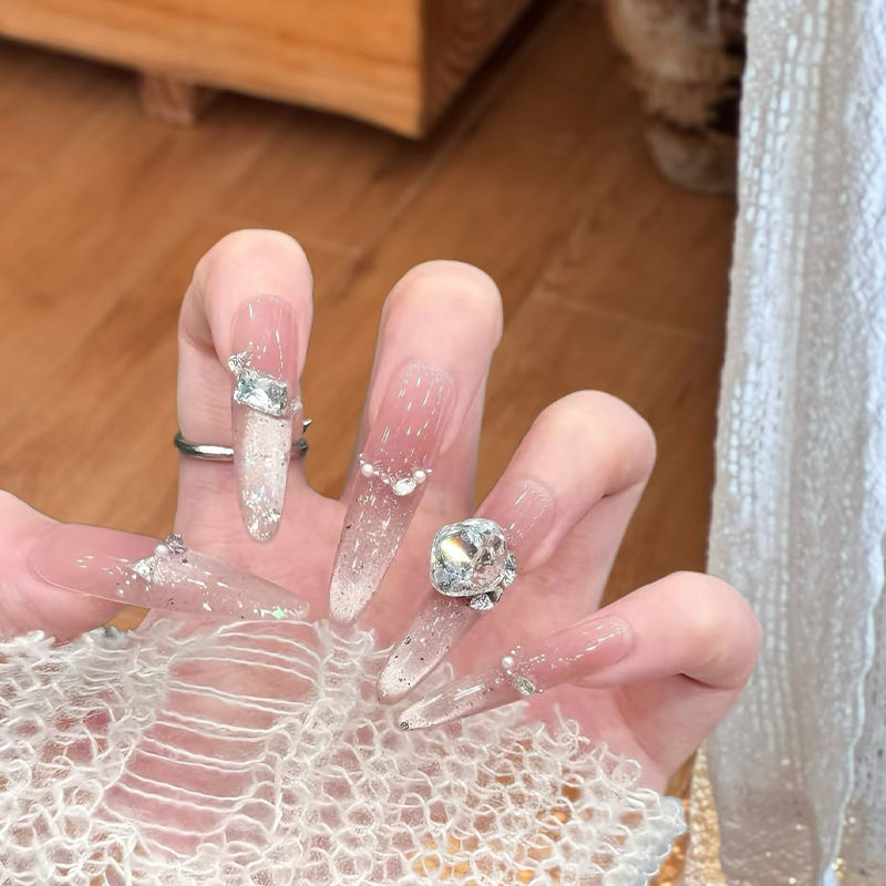 High-End Luxury Full Diamond Dazzling Nail Art Wearable Nails 4.0 Long Thin Dog Wearable Nails Finished Nail Art Patches