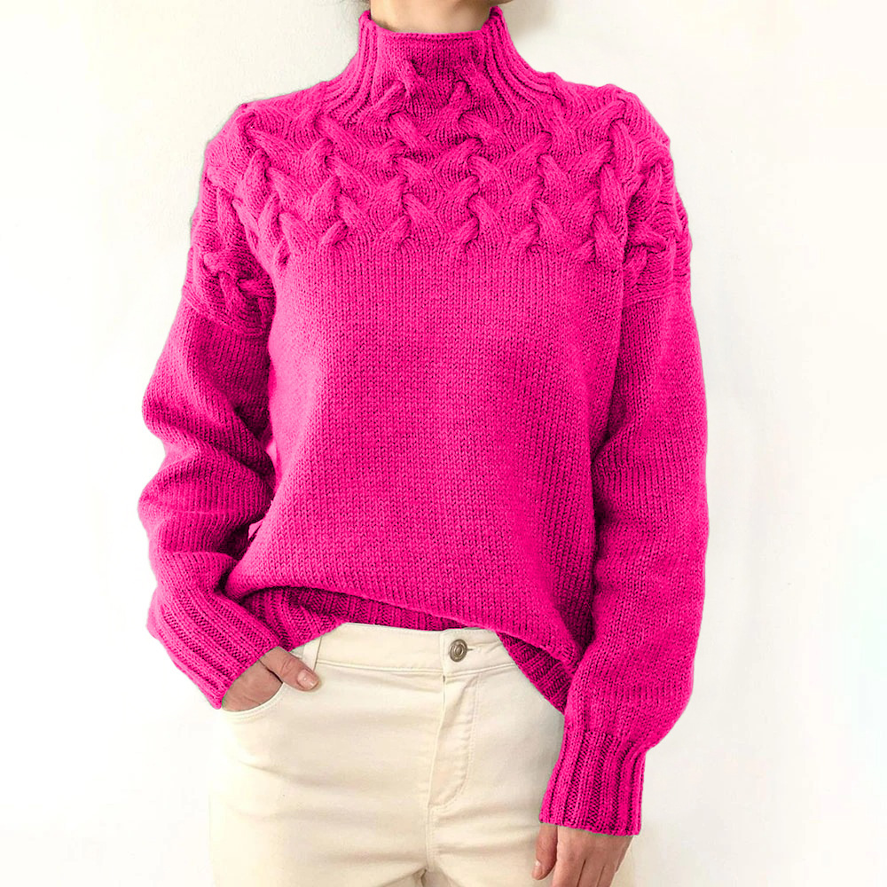 Maglione a maniche lunghe con collo alto e dettagli in maglia a trecce alla moda per donna_voghion.com