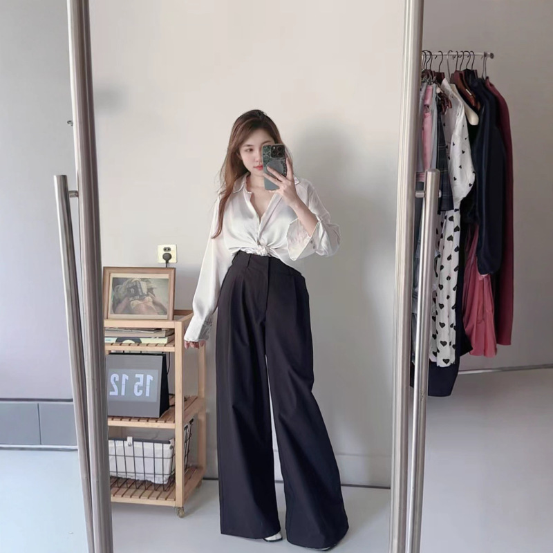 al0秋季垂感阔腿裤宽松拖地黑色直筒西装长裤松紧腰欧美风女生款|undefined