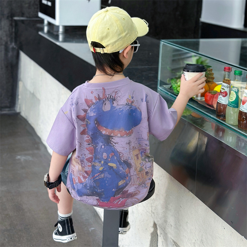 7327 Traje de camiseta de dinosaurio para niños 2025 Nuevo estilo de verano de manga corta para niños guapos Juego de dos piezas de celebridades de Internet Verano 6