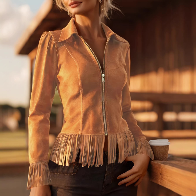 Cross-Border Women's Fashion 2026 Western Cowboy Style Suede Fringe Slim-Fit Waist-Cinching Slimming Lapel Jacket