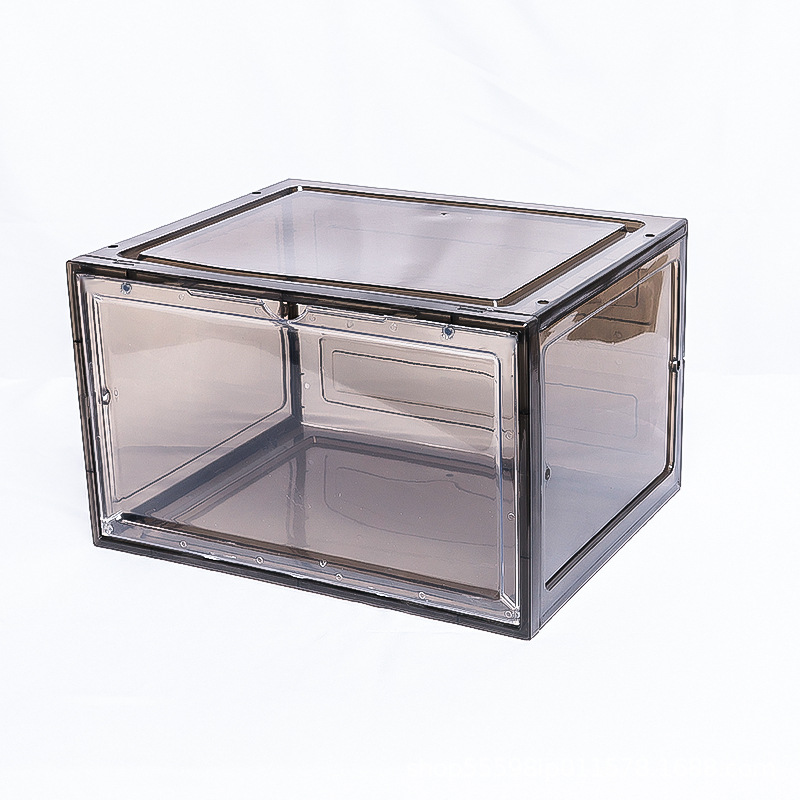 Caja de zapatos de plástico al por mayor caja de almacenamiento engrosada transparente hogar zapato estante de almacenamiento plegable lado abierto caja de acrílico magnética