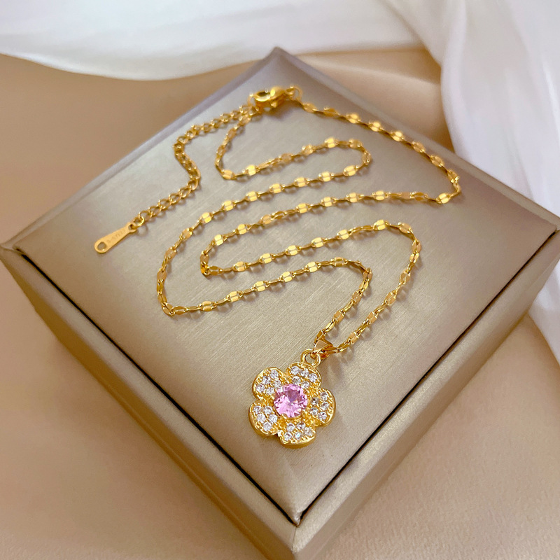 Fashion Flower Stainless Steel Plating Inlay Rhinestones Pendant Necklace 1 Piece