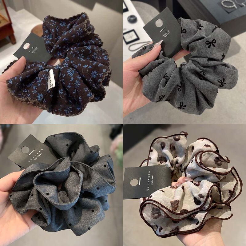 High-end vintage coffee-blue floral scrunchie for thick hair, bun hair tie, new Korean style ponytail hair tie