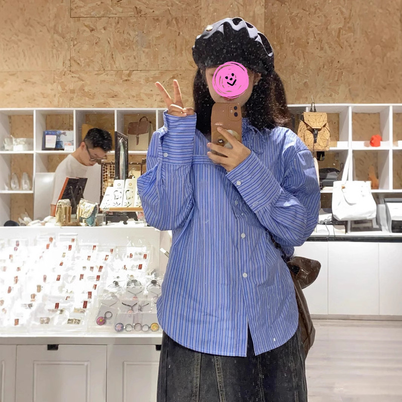 24 autumn and winter new mouth Adi blue and white contrast color small stand collar long sleeve shirt