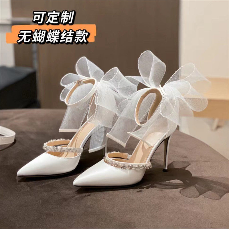 Rhinestone bow high heeled sandals Summer 2022 White Wedding Dress shoes Pointy tip socialite stiletto heel buckle single shoe black