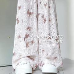 薄いズボンの女性の夏の蝶のプリントは透かし彫りの広い足のズボンの2025の新型のまっすぐな筒のゆったりしていてカジュアルな感じを染めます。